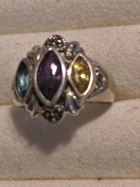 Multi Color Cz Marquise Sterling Ring in Purple, Yellow, Teal Size 6.5 Signed